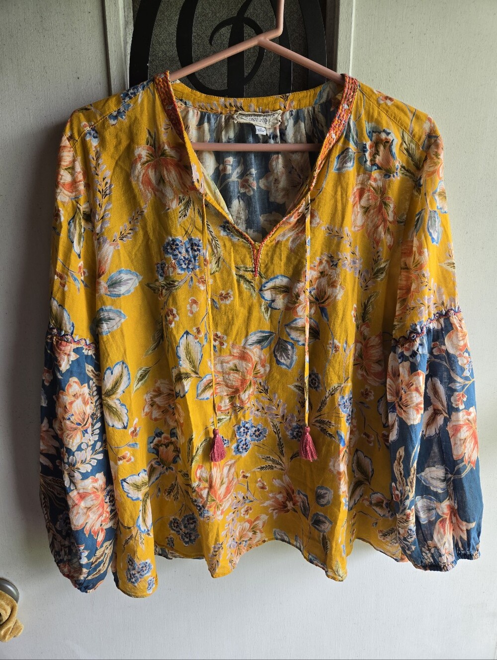 Johnny Was Workshop Floral Tie-Neck Peasant Top in Mustard Yellow
